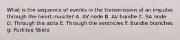 What is the sequence of events in the transmission of an impulse through the heart muscle? A. AV node B. AV bundle C. SA node D. Through the atria E. Through the ventricles F. Bundle branches g: Purkinje fibers