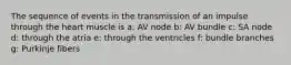 The sequence of events in the transmission of an impulse through the heart muscle is a: AV node b: AV bundle c: SA node d: through the atria e: through the ventricles f: bundle branches g: Purkinje fibers