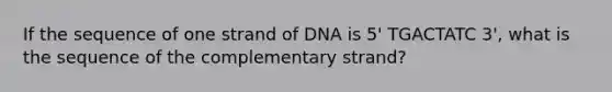 If the sequence of one strand of DNA is 5' TGACTATC 3', what is the sequence of the complementary strand?