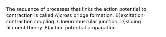 The sequence of processes that links the action potential to contraction is called A)cross bridge formation. B)excitation-contraction coupling. C)neuromuscular junction. D)sliding filament theory. E)action potential propagation.