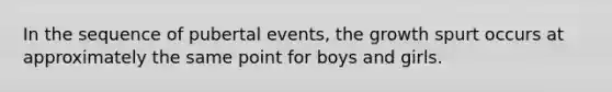 In the sequence of pubertal events, the growth spurt occurs at approximately the same point for boys and girls.