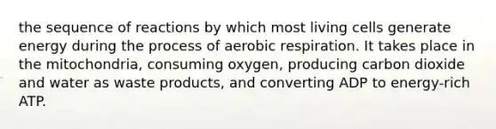 the sequence of reactions by which most living cells generate energy during the process of aerobic respiration. It takes place in the mitochondria, consuming oxygen, producing carbon dioxide and water as waste products, and converting ADP to energy-rich ATP.