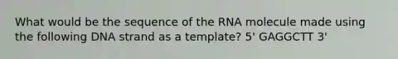 What would be the sequence of the RNA molecule made using the following DNA strand as a template? 5' GAGGCTT 3'