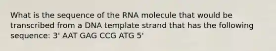 What is the sequence of the RNA molecule that would be transcribed from a DNA template strand that has the following sequence: 3' AAT GAG CCG ATG 5'