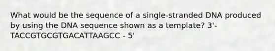 What would be the sequence of a single-stranded DNA produced by using the DNA sequence shown as a template? 3'- TACCGTGCGTGACATTAAGCC - 5'