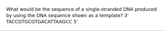 What would be the sequence of a single-stranded DNA produced by using the DNA sequence shown as a template? 3' TACCGTGCGTGACATTAAGCC 5'