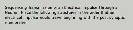 Sequencing Transmission of an Electrical Impulse Through a Neuron- Place the following structures in the order that an electrical impulse would travel beginning with the post-synaptic membrane: