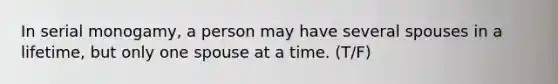 In serial monogamy, a person may have several spouses in a lifetime, but only one spouse at a time. (T/F)