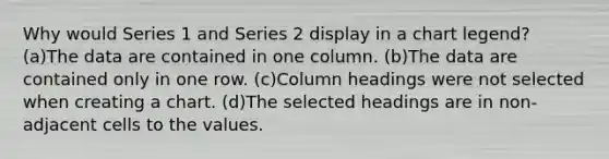 Why would Series 1 and Series 2 display in a chart legend? (a)The data are contained in one column. (b)The data are contained only in one row. (c)Column headings were not selected when creating a chart. (d)The selected headings are in non-adjacent cells to the values.