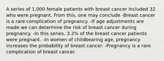 A series of 1,000 female patients with breast cancer included 32 who were pregnant. From this, one may conclude -Breast cancer is a rare complication of pregnancy. -If age adjustments are made we can determine the risk of breast cancer during pregnancy. -In this series, 3.2% of the breast cancer patients were pregnant. -In women of childbearing age, pregnancy increases the probability of breast cancer. -Pregnancy is a rare complication of breast cancer.