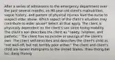 After a series of admissions to the emergency department over the past several months, an 80-year-old client's malnutrition, vague history, and pattern of physical injuries lead the nurse to suspect elder abuse. Which aspect of the client's situation may contribute to elder abuse? Select all that apply. The client is physically dependent on the client's son since losing mobility. The client's son describes the client as "needy, helpless, and pathetic." The client has no income or savings of the client's own. The client self-describes and describes the client's child as "not well-off, but not terribly poor either." The client and client's child are recent immigrants to the United States. thieu thong,bat luc, dang thuong