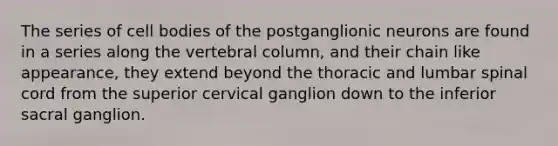 The series of cell bodies of the postganglionic neurons are found in a series along the vertebral column, and their chain like appearance, they extend beyond the thoracic and lumbar spinal cord from the superior cervical ganglion down to the inferior sacral ganglion.