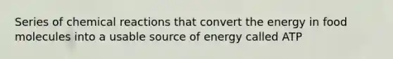 Series of chemical reactions that convert the energy in food molecules into a usable source of energy called ATP