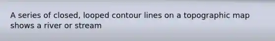 A series of closed, looped contour lines on a topographic map shows a river or stream