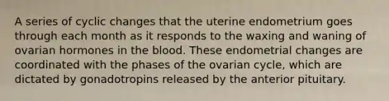 A series of cyclic changes that the uterine endometrium goes through each month as it responds to the waxing and waning of ovarian hormones in the blood. These endometrial changes are coordinated with the phases of the ovarian cycle, which are dictated by gonadotropins released by the anterior pituitary.