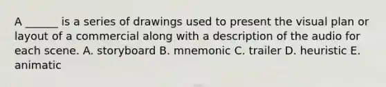 A ______ is a series of drawings used to present the visual plan or layout of a commercial along with a description of the audio for each scene. A. storyboard B. mnemonic C. trailer D. heuristic E. animatic