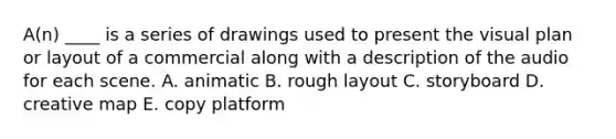 A(n) ____ is a series of drawings used to present the visual plan or layout of a commercial along with a description of the audio for each scene. A. animatic B. rough layout C. storyboard D. creative map E. copy platform