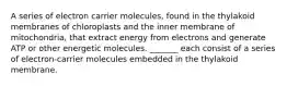 A series of electron carrier molecules, found in the thylakoid membranes of chloroplasts and the inner membrane of mitochondria, that extract energy from electrons and generate ATP or other energetic molecules. _______ each consist of a series of electron-carrier molecules embedded in the thylakoid membrane.