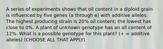 A series of experiments shows that oil content in a diploid grain is influenced by five genes (a through e) with additive alleles. The highest producing strain is 20% oil content; the lowest has close to 0%. A plant of unknown genotype has an oil content of 12%. What is a possible genotype for this plant? (+ = additive alleles) (CHOOSE ALL THAT APPLY)