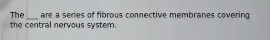 The ___ are a series of fibrous connective membranes covering the central <a href='https://www.questionai.com/knowledge/kThdVqrsqy-nervous-system' class='anchor-knowledge'>nervous system</a>.