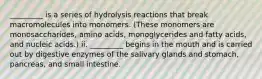 _________ is a series of hydrolysis reactions that break macromolecules into monomers. (These monomers are monosaccharides, amino acids, monoglycerides and fatty acids, and nucleic acids.) ii. _________ begins in the mouth and is carried out by digestive enzymes of the salivary glands and stomach, pancreas, and small intestine.