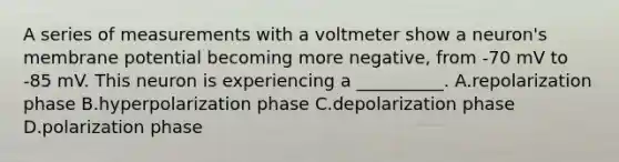 A series of measurements with a voltmeter show a neuron's membrane potential becoming more negative, from -70 mV to -85 mV. This neuron is experiencing a __________. A.repolarization phase B.hyperpolarization phase C.depolarization phase D.polarization phase