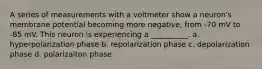 A series of measurements with a voltmeter show a neuron's membrane potential becoming more negative, from -70 mV to -85 mV. This neuron is experiencing a __________. a. hyperpolarization phase b. repolarization phase c. depolarization phase d. polarizaiton phase