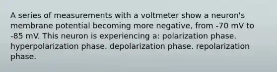 A series of measurements with a voltmeter show a neuron's membrane potential becoming more negative, from -70 mV to -85 mV. This neuron is experiencing a: polarization phase. hyperpolarization phase. depolarization phase. repolarization phase.