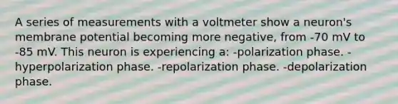 A series of measurements with a voltmeter show a neuron's membrane potential becoming more negative, from -70 mV to -85 mV. This neuron is experiencing a: -polarization phase. -hyperpolarization phase. -repolarization phase. -depolarization phase.