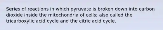 Series of reactions in which pyruvate is broken down into carbon dioxide inside the mitochondria of cells; also called the tricarboxylic acid cycle and the citric acid cycle.