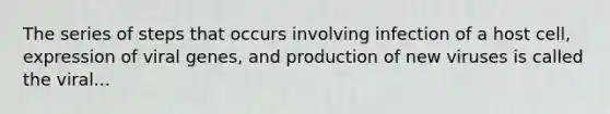 The series of steps that occurs involving infection of a host cell, expression of viral genes, and production of new viruses is called the viral...