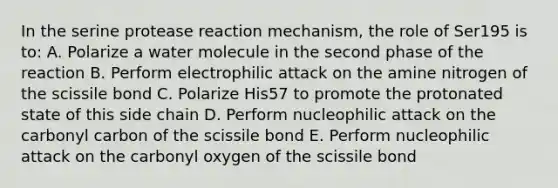 In the serine protease reaction mechanism, the role of Ser195 is to: A. Polarize a water molecule in the second phase of the reaction B. Perform electrophilic attack on the amine nitrogen of the scissile bond C. Polarize His57 to promote the protonated state of this side chain D. Perform nucleophilic attack on the carbonyl carbon of the scissile bond E. Perform nucleophilic attack on the carbonyl oxygen of the scissile bond