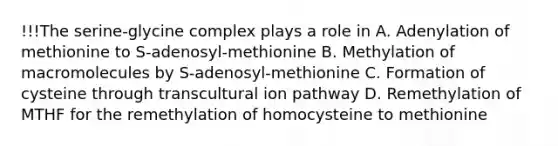 !!!The serine-glycine complex plays a role in A. Adenylation of methionine to S-adenosyl-methionine B. Methylation of macromolecules by S-adenosyl-methionine C. Formation of cysteine through transcultural ion pathway D. Remethylation of MTHF for the remethylation of homocysteine to methionine