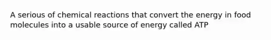 A serious of <a href='https://www.questionai.com/knowledge/kc6NTom4Ep-chemical-reactions' class='anchor-knowledge'>chemical reactions</a> that convert the energy in food molecules into a usable source of energy called ATP