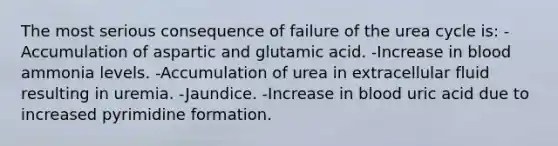 The most serious consequence of failure of the urea cycle is: -Accumulation of aspartic and glutamic acid. -Increase in blood ammonia levels. -Accumulation of urea in extracellular fluid resulting in uremia. -Jaundice. -Increase in blood uric acid due to increased pyrimidine formation.