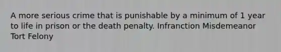 A more serious crime that is punishable by a minimum of 1 year to life in prison or the death penalty. Infranction Misdemeanor Tort Felony