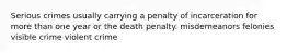 Serious crimes usually carrying a penalty of incarceration for more than one year or the death penalty. misdemeanors felonies visible crime violent crime