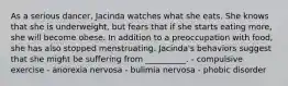 As a serious dancer, Jacinda watches what she eats. She knows that she is underweight, but fears that if she starts eating more, she will become obese. In addition to a preoccupation with food, she has also stopped menstruating. Jacinda's behaviors suggest that she might be suffering from __________. - compulsive exercise - anorexia nervosa - bulimia nervosa - phobic disorder