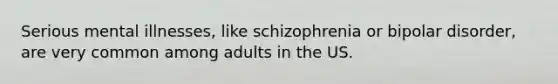 Serious mental illnesses, like schizophrenia or bipolar disorder, are very common among adults in the US.