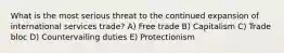 What is the most serious threat to the continued expansion of international services trade? A) Free trade B) Capitalism C) Trade bloc D) Countervailing duties E) Protectionism