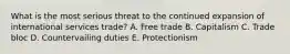 What is the most serious threat to the continued expansion of international services trade? A. Free trade B. Capitalism C. Trade bloc D. Countervailing duties E. Protectionism