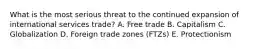 What is the most serious threat to the continued expansion of international services trade? A. Free trade B. Capitalism C. Globalization D. Foreign trade zones (FTZs) E. Protectionism