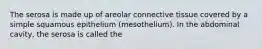 The serosa is made up of areolar connective tissue covered by a simple squamous epithelium (mesothelium). In the abdominal cavity, the serosa is called the