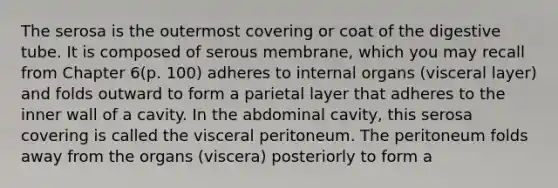 The serosa is the outermost covering or coat of the digestive tube. It is composed of serous membrane, which you may recall from Chapter 6(p. 100) adheres to internal organs (visceral layer) and folds outward to form a parietal layer that adheres to the inner wall of a cavity. In the abdominal cavity, this serosa covering is called the visceral peritoneum. The peritoneum folds away from the organs (viscera) posteriorly to form a