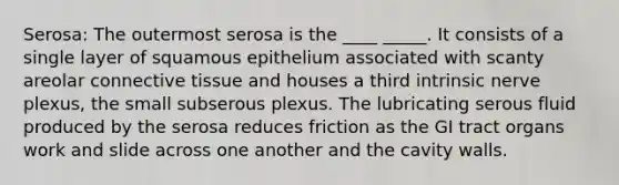 Serosa: The outermost serosa is the ____ _____. It consists of a single layer of squamous epithelium associated with scanty areolar <a href='https://www.questionai.com/knowledge/kYDr0DHyc8-connective-tissue' class='anchor-knowledge'>connective tissue</a> and houses a third intrinsic nerve plexus, the small subserous plexus. The lubricating serous fluid produced by the serosa reduces friction as the GI tract organs work and slide across one another and the cavity walls.