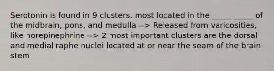 Serotonin is found in 9 clusters, most located in the _____ _____ of the midbrain, pons, and medulla --> Released from varicosities, like norepinephrine --> 2 most important clusters are the dorsal and medial raphe nuclei located at or near the seam of <a href='https://www.questionai.com/knowledge/kLMtJeqKp6-the-brain' class='anchor-knowledge'>the brain</a> stem