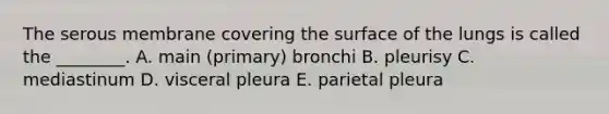 The serous membrane covering the surface of the lungs is called the ________. A. main (primary) bronchi B. pleurisy C. mediastinum D. visceral pleura E. parietal pleura