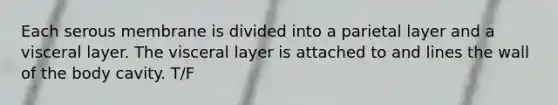 Each serous membrane is divided into a parietal layer and a visceral layer. The visceral layer is attached to and lines the wall of the body cavity. T/F