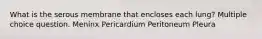 What is the serous membrane that encloses each lung? Multiple choice question. Meninx Pericardium Peritoneum Pleura