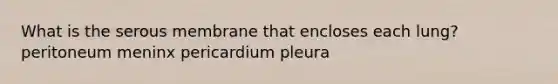 What is the serous membrane that encloses each lung? peritoneum meninx pericardium pleura